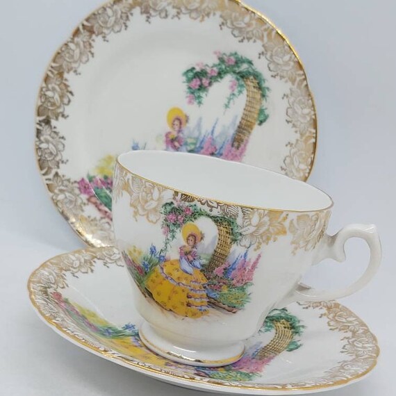 Vintage Imperial China 22 Kt Oro Placa Lateral Platillo de taza de té trío Floral