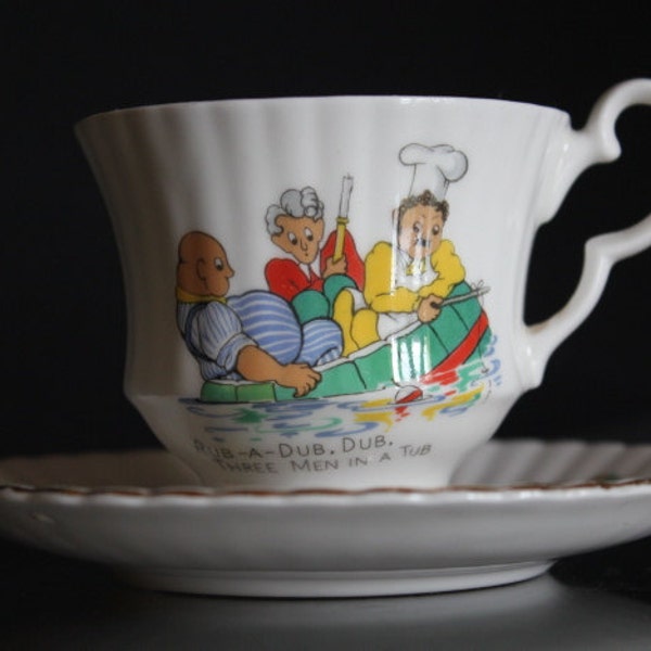 Vintage teacup, fine china nursery rhyme teacup saucer, christening gift, collectibles, keep sake gift, rub a dub dub three men in a tub.