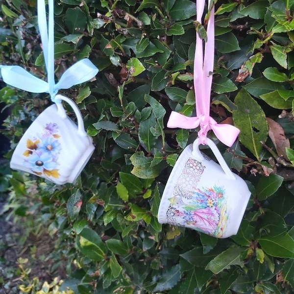 Teacup bird feeder hanging china bird feeder yard art, bird lover's gift, repurposed vintage cottage garden decoration