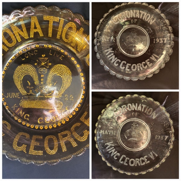 King George VI coronation glass bowl, 1937 or 1911 King George V commemorative pressed glass dish, British royal family, vintage collectible