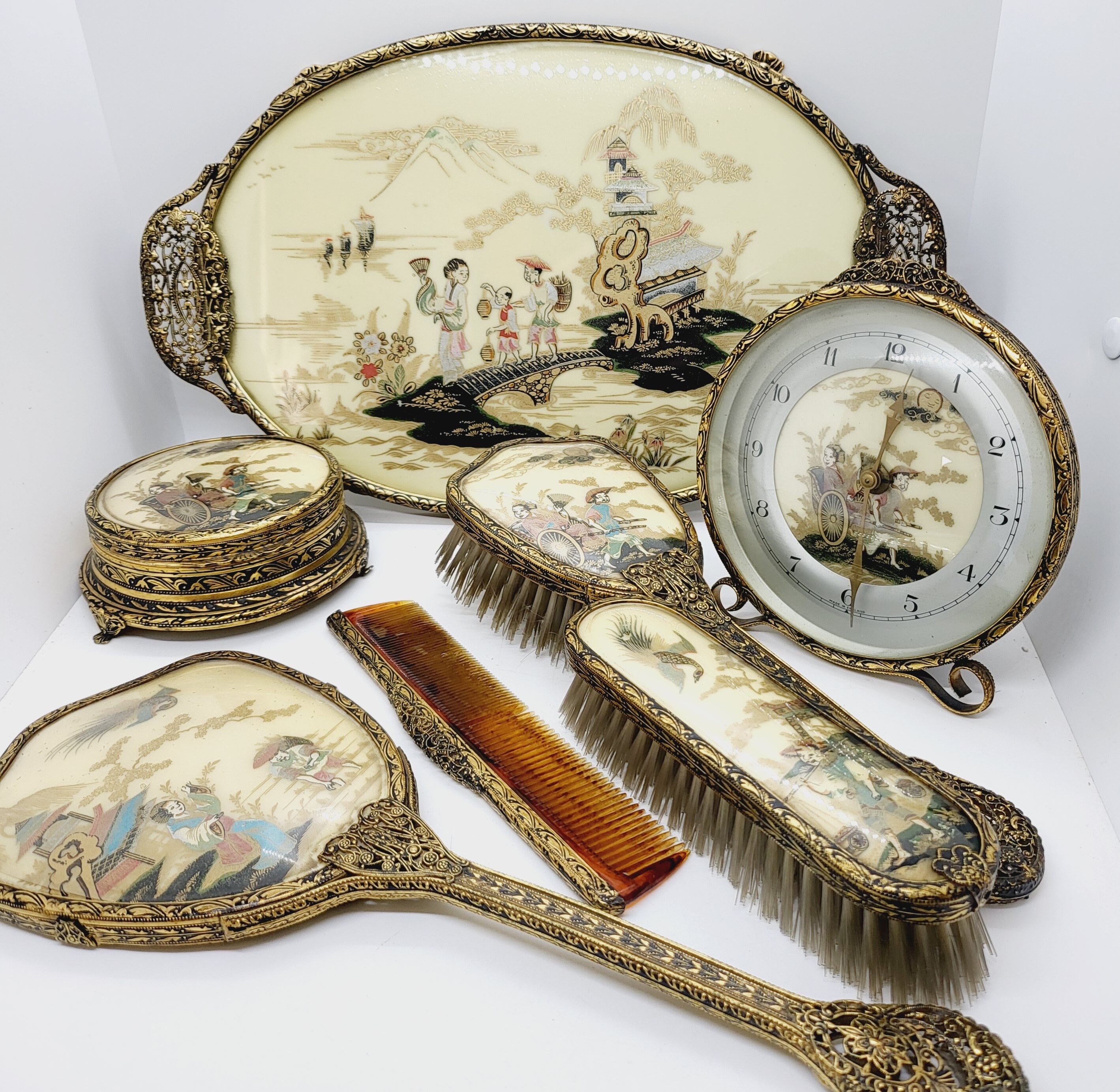 Vintage set mirror Vintage Vanity Set: Gold Floral Mirror Tray, Brush, Comb  main image 4