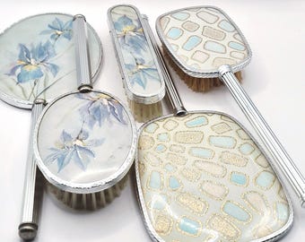 Vintage Vanity Set: blue floral or Turquoise Mirror & Brush