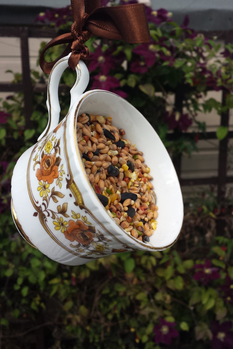 Teacup Bird Feeder Autumnal Garden Ornament Vintage China Bird Etsy