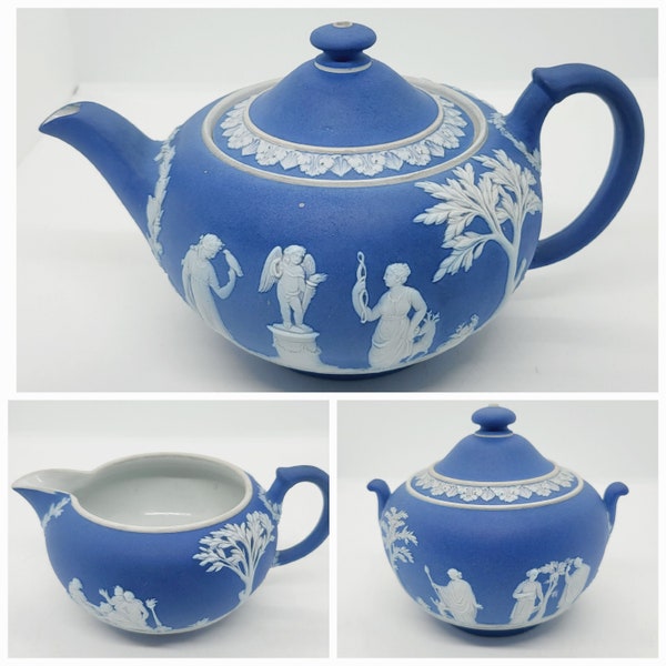 Wedgwood jasperware teapot, milk jug, creamer or lidded sugar bowl, cobalt blue and white Neo classical vintage display collectible