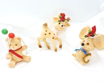 Vintage Flock, velveteen Christmas tree ornamen, Choose deer, teddy or mouse