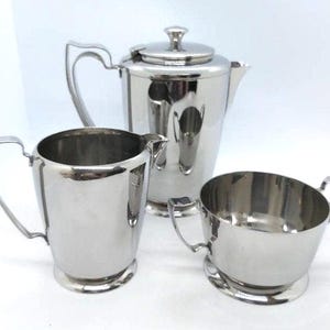 Vintage Olde Hall Stainless Steel Tea Set: Balmoral Coffee Pot, Sugar Bowl, Milk Jug