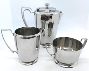 Vintage Olde Hall Stainless Steel Tea Set: Balmoral Coffee Pot, Sugar Bowl, Milk Jug