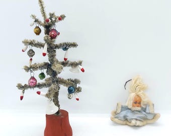 Small Vintage tinsel, pipe cleaner Christmas tree or angel ornament