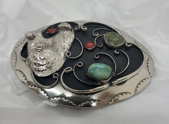 Silver, turquoise, coral Belt buckle, grizzly bea… - image 3