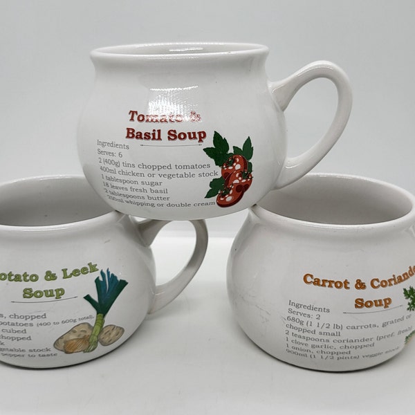 Soup recipe mug, bowl, Carrot and Coriander, Potato and Leek or Tomato and Basil, vintage dish, replacement piece