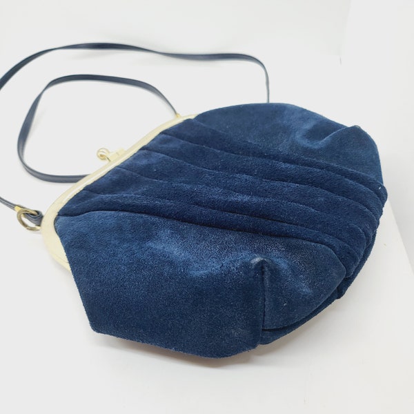 Blue suede handbag, long handle, strap, crossbody, shoulder bag, Vintage British made by Feltham, mid century purse, fashion accessory
