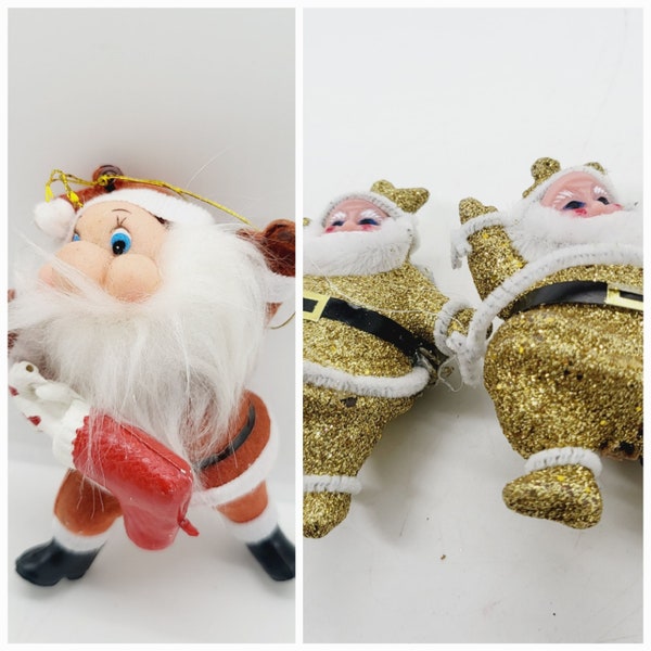 Santa Claus Christmas tree ornament, red or gold glitter small Santa, holidays decoration, vintage festive xmas home decor