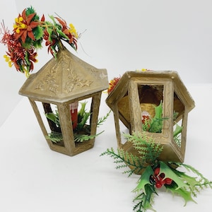 Vintage Christmas Lantern Ornament: Gold Kitsch Holiday Decor