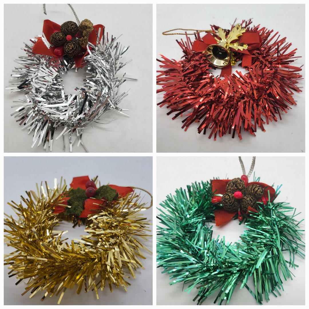 Tinsel Wreath Christmas Tree Ornament, Gold, Silver, Red or Green