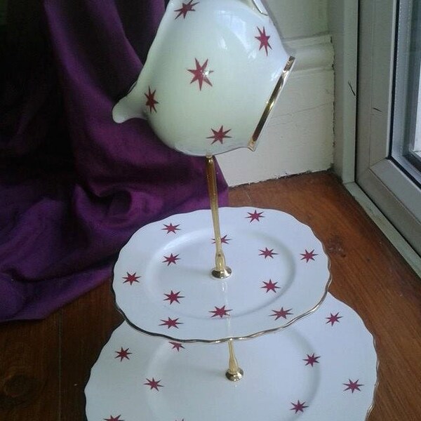 Vintage 3 tier cake or jewellery stand. Mad hatter style, tea party, star pattern, home gift, wedding decor, Alice in wonderland.