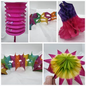 May include: Assortment of colourful paper decorations, including a pink lantern, a green and yellow star, and a rainbow-coloured garland. These decorations are perfect for adding a festive touch to any party or celebration.