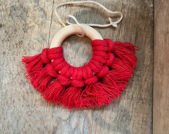 Red Boho Ornament, Macrame Christmas Ornament, Minimal Holiday Decor