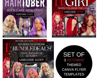 Editable Canva Flyer Set For Salons and Stylists, Halloween Social Media Flyers, Canva Marketing Templates, October Books now open Flyer