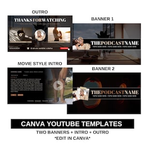 May include: A digital graphic showcasing Canva YouTube templates. The design includes two banners, an intro, and an outro, all editable within Canva. The templates feature text and images for podcast promotion.
