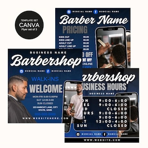 Conjunto de folhetos de barbearia editáveis, 3 folhetos de mídia social para barbeiros, folheto de horário comercial, folheto digital, barbeiros, folheto de marketing de barbearia