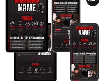 May include: A black and red barbershop policy sign with a checklist of things to do before an appointment. The sign includes the business hours, contact information, and a list of services offered.