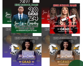 Modelos de convite de formatura Canva, conjunto de modelos de convites de formatura, design de folhetos de festa de formatura, pacote de formatura, convites de festa de formatura
