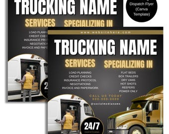 Op de afbeelding: Een zwarte en gouden flyer met de tekst "Trucking Name" en "Services Specializing In". De flyer somt diensten op zoals laadplanning, kredietcontroles, verzekeringsprotocol, onderhandelingen, facturering en papierwerk, vlakbedden, gesloten trailers, droge bestelwagens, hot shots, koelwagens en alleen vermogen. De flyer bevat ook een telefoonnummer en een social media-handle.