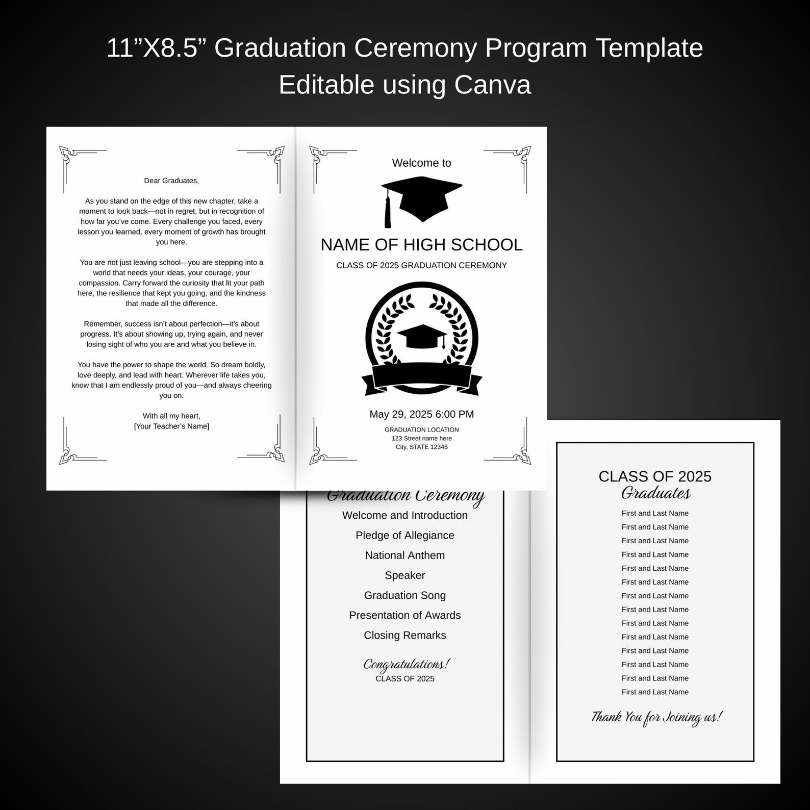 High School Graduation Ceremony Program, Editable Canva Program ...
