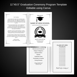 May include: A white graduation ceremony program template, 28cm x 22cm, with black text and graphics. The program includes the school name, ceremony details, and a list of graduates. The cover features a graduation cap icon.
