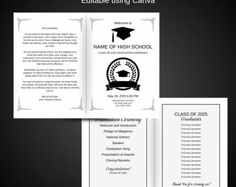 High school graduation ceremony program, editable Canva program template for graduation ceremony, Canva college graduation program template