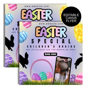 May include: A pink and purple flyer with the text "Easter Special" and "Children's Braids" in a colorful font. The flyer advertises a special price of $100 for any style of children's braids for the month of April. The flyer also includes a picture of a young girl with braided hair and a basket of colorful Easter eggs.