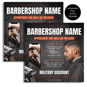Flyer editável para barbearia, anúncio de barbearia, postagens comerciais em mídias sociais, placa editável para jardim de barbearia, flyer Canva, folheto para barbearia para reservar agora
