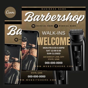 Folheto editável de barbearia, Folheto de volta às aulas para barbeiros, Folheto de mídia social, Folheto digital, Barbeiros, Folheto de barbearia dourado e preto