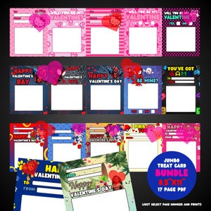May include: A collection of Valentine's Day treat cards with various designs. The cards feature characters like Hello Kitty, Spider-Man, and Pikachu, along with text like "Will You Be My Valentine?" and "Happy Valentine's Day." The bundle includes a 17-page PDF.