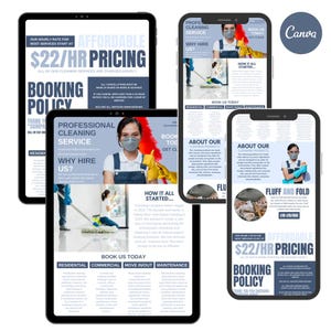 May include: Four different digital tablet and smartphone screens displaying a cleaning service company's marketing materials. The screens feature a blue and grey colour scheme with the company's logo, pricing, and booking policy. The text on the screens reads "£22/HR PRICING", "BOOKING POLICY", "PROFESSIONAL CLEANING SERVICE", and "HOW IT ALL STARTED..."