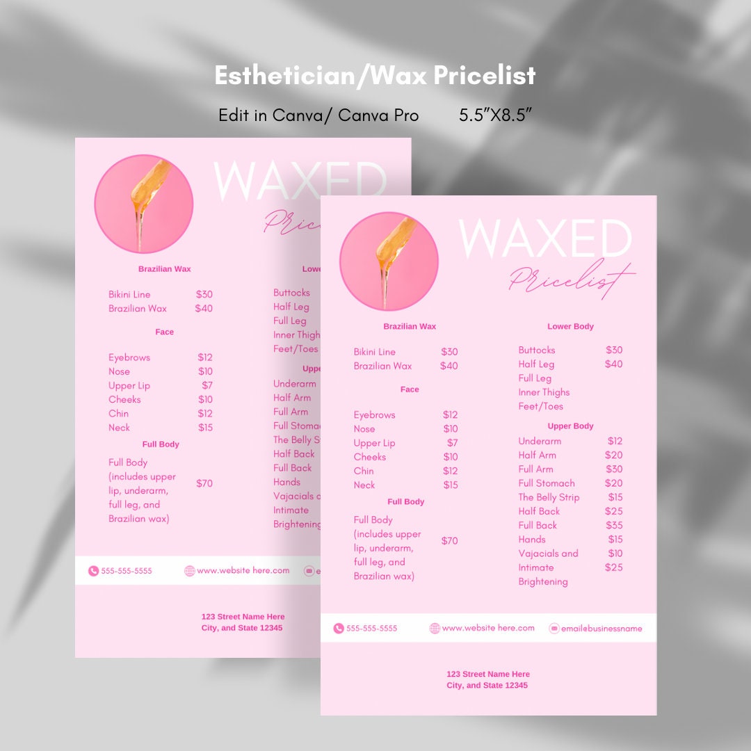 Esthetician Price List Waxing Price List Template Canva Etsy