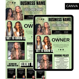 Pode incluir: Um folheto digital verde e preto com o texto "BUSINESS NAME" e "USE CODE 200FF" em branco. O folheto também inclui uma foto de uma mulher com cabelo longo e loiro. O texto "MEET THE OWNER" também está incluído no folheto.