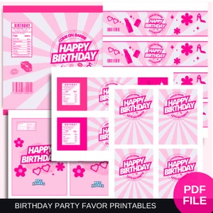 Girly pink doll party favor pdf files, party favor printable set, ready to print chip bag label, come on let’s go party, water bottle labels