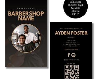 May include: Black and gold business card template for a barbershop. The card features a photo of a barber cutting a customer's hair, the barber's name, contact information, and a QR code. The text on the card reads "Book today at www.website.com Ayden Foster Barber Call or Text 000-000-0000 123 Barber Street, City STATE 12345 barber@email.com @socialmedianame Scan Me 40% off your 5th haircut".