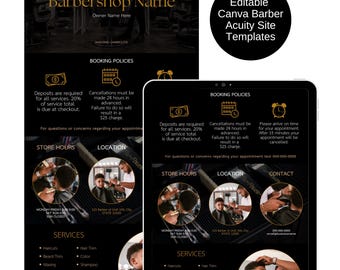 May include: A black and gold barbershop appointment booking website template with a phone icon, a calendar icon, and a clock icon. The text on the template reads "Booking Policies", "Deposits are required for all services. 20% of service total is due at checkout.", "Cancellations must be made 24 hours in advance. Failure to do so will result in a $25 charge.", "Please arrive on time for your appointment. After 15 minutes your appointment will be cancelled.", "Store Hours", "Location", "Contact", "Services", "Haircuts", "Beard Trim", "Waxing", "Facials", "Hair Trim", "Color", "Shampoo", "Massage", "Book Now", "First Visit Use Code 100OFF".