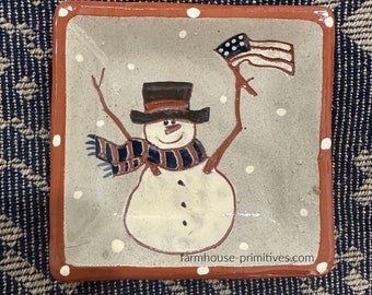 Snowman with Flag Mini Redware Plate