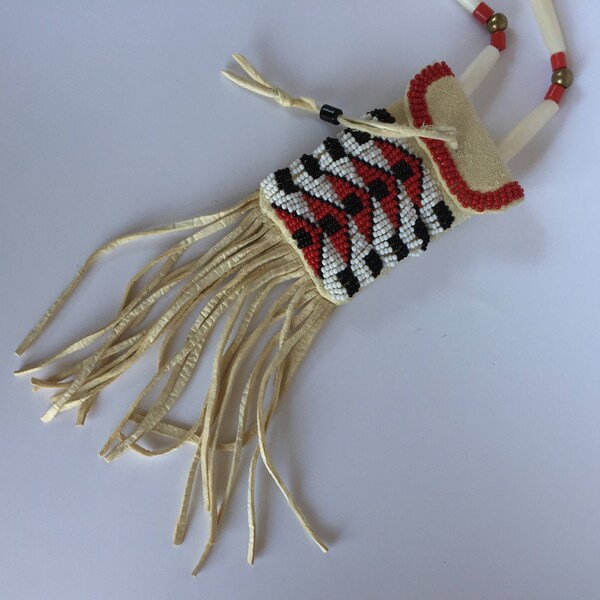 Sioux Native American Deer Skin Beadwork Medicine Pouch with Hairpipe Bone Beads and Glass Beads