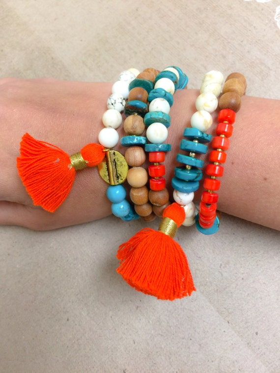 Items similar to Stacking Tassel Stretch Bracelet Set of 5 w/ Wood ...