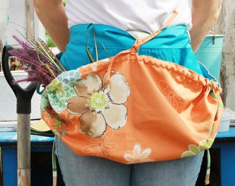 Orange Flower Garden Apron, Gardening Apron, Basket Apron, Chicken Coop Apron, Harvest Apron, Harvest Apron