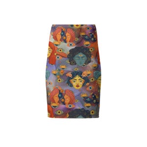Sexy Alien Midi Pencil Skirt with Cosmic Stylized Art and Body Sculpting Fit