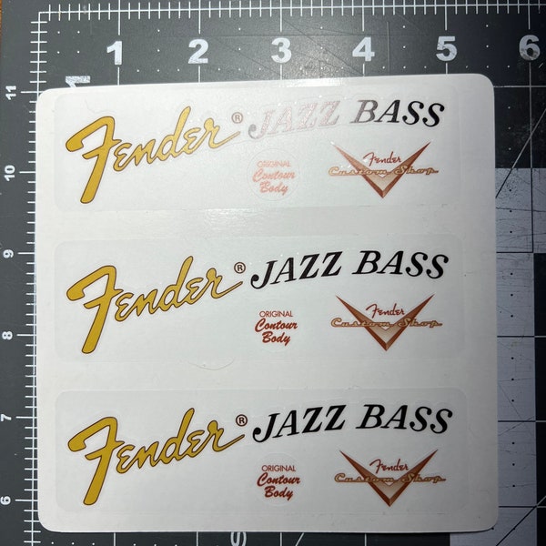 Fender Bass Jazz Headstock Logo Sticker, Clear Matte Vinyl Fender Sticker, Compete Fender Set, Three sets per pack. Free Domestic Shipping