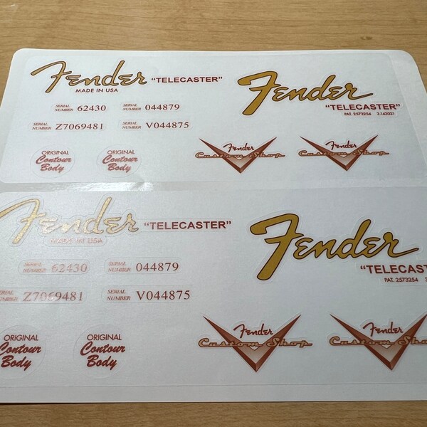 Fender Telecaster Headstock Logo Sticker, Clear Vinyl Fender Sticker, Compete Fender Set, Two Sets per pack, Clear Ready to Apply