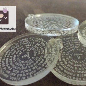 Clear Acrylic Padre Nuestro Charms, Medallas del Padre Nuestro en acrilico transparente