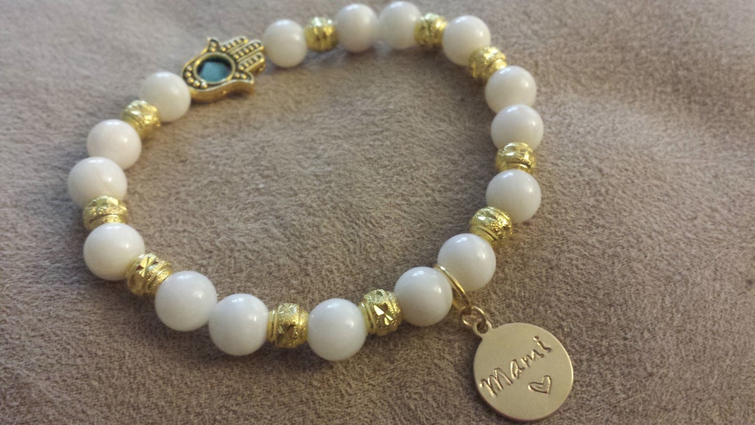 Mami Shell White Beads Bracelet Hamsa Hand Charm Bracelet - Etsy