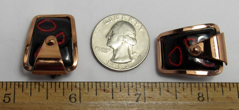 Modernist 1950/'s Vintage MATISSE signed Red /& Black Enamel on Copper Rhomboid Ear Clips Atomic Era Mid Century RARE